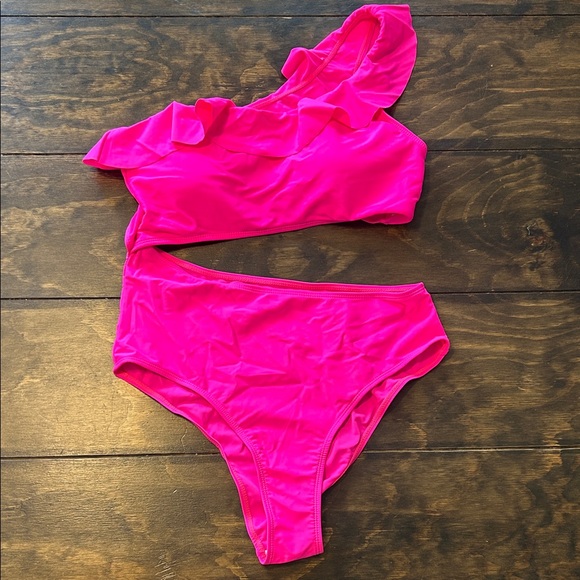 Hot Pink One-Shoulder Ruffle Bikini Set - Picture 1 of 1